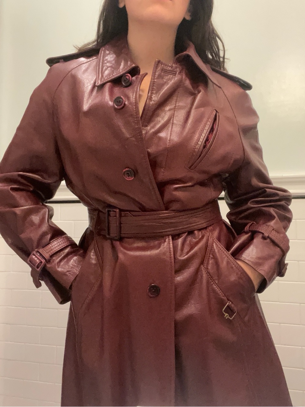 Etienne Aigner Burgundy Leather Trench Coat with Belted Waist